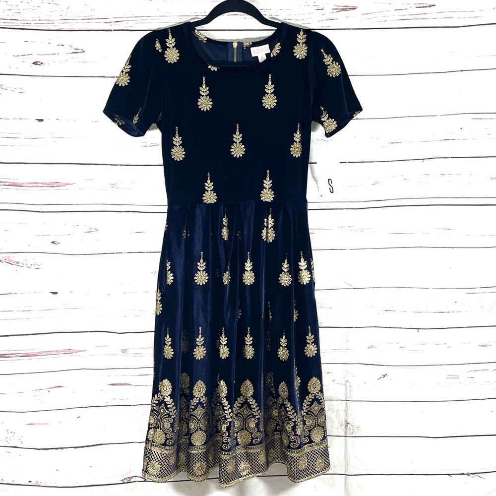 LuLaRoe‎ Elegant Amelia Dress Women’s Size S Blue/Gold Velvet Rare Color